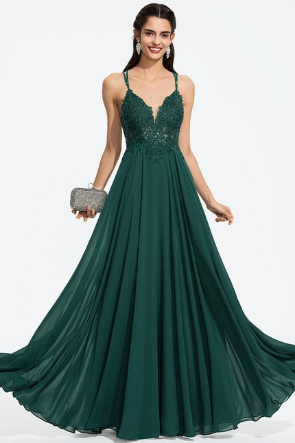 Trapèze col v longueur ras du sol mousseline robe de bal avec perles paillettes - gallery 2