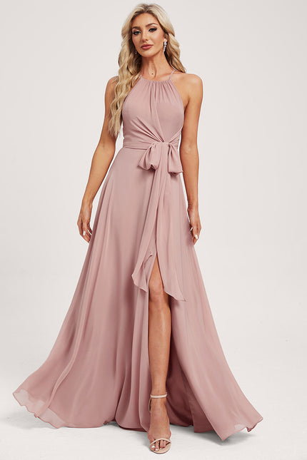 Trapèze décolleté épaules licou longueur ras du sol mousseline robe de demoiselle d'honneur - gallery 2