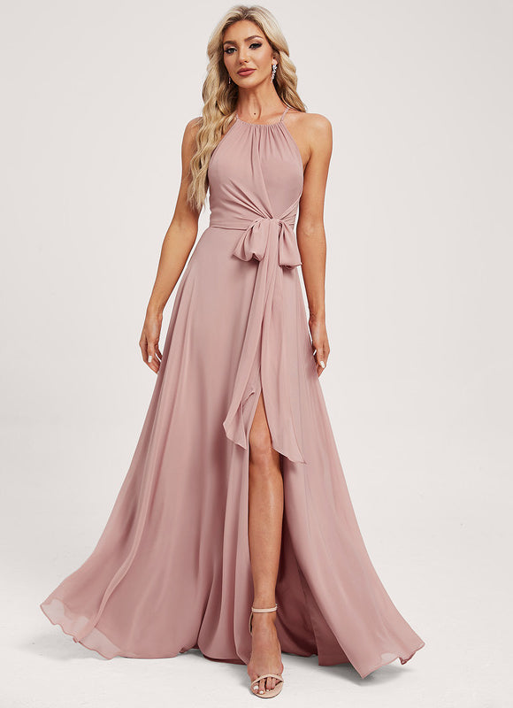 Trapèze décolleté épaules licou longueur ras du sol mousseline robe de demoiselle d'honneur - gallery 2