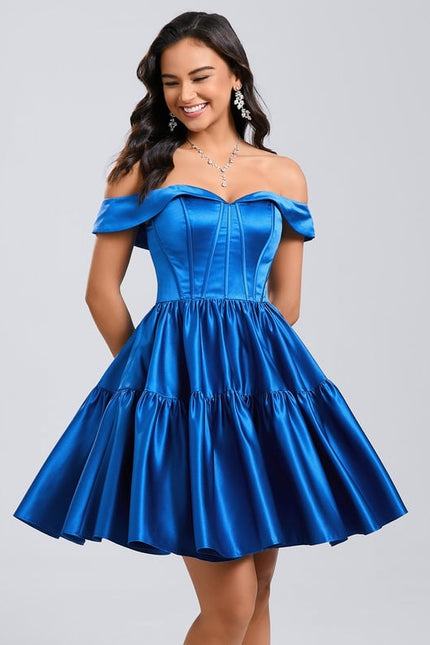 Princesse épaule dénudée court satin robe de bal de promo - gallery 2