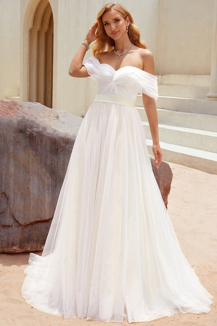 Princesse épaule dénudée traîne balayage tulle robe de mariée - gallery 5