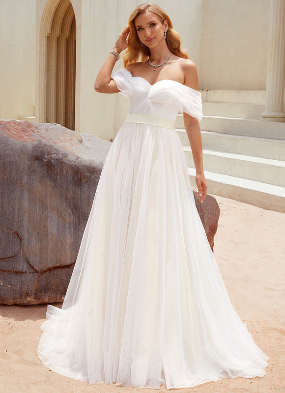 Princesse épaule dénudée traîne balayage tulle robe de mariée - gallery 5
