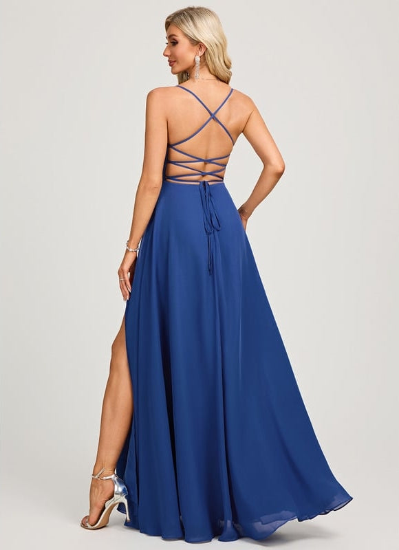 Trapèze col v longueur ras du sol mousseline robe de bal avec plissée - gallery 4