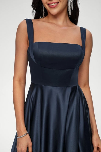 Trapèze col droit longueur ras du sol satin robe de bal avec nœud - gallery 5