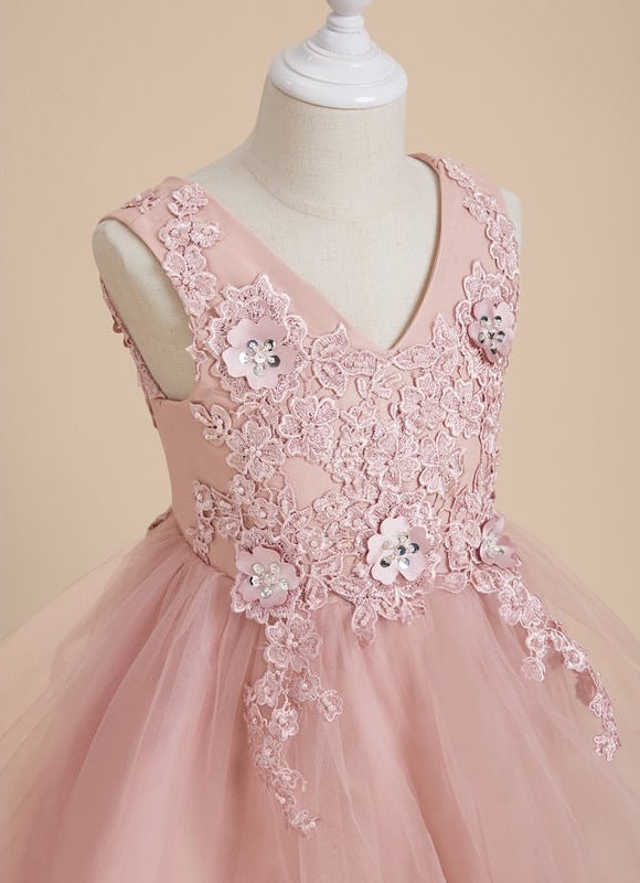 Trapèze col v longueur genou dentelle/tulle robes fille mariage avec perles/paillettes/motif floral 3d - gallery 7