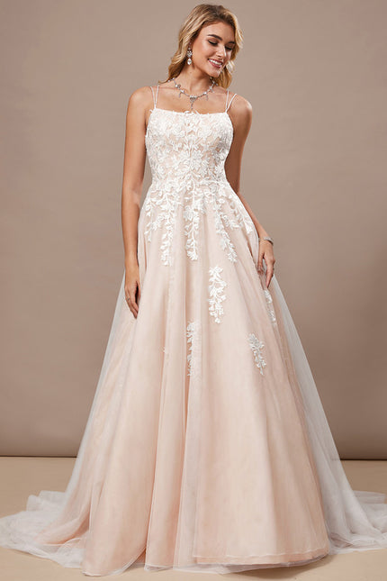 Princesse col carré traîne balayage tulle dentelle robe de mariée - gallery 2