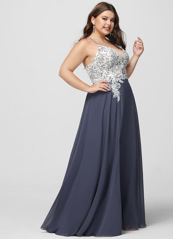 Trapèze col v longueur ras du sol mousseline robe de bal avec perles paillettes - gallery 6