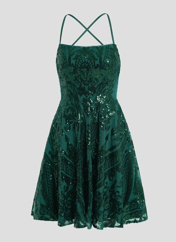 Trapèze col rond court paillette robe de bal de promo avec paillettes