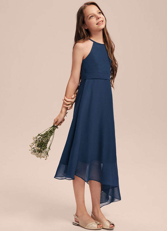 Trapèze licou asymétrique mousseline robe de demoiselle d'honneur - junior - gallery 3