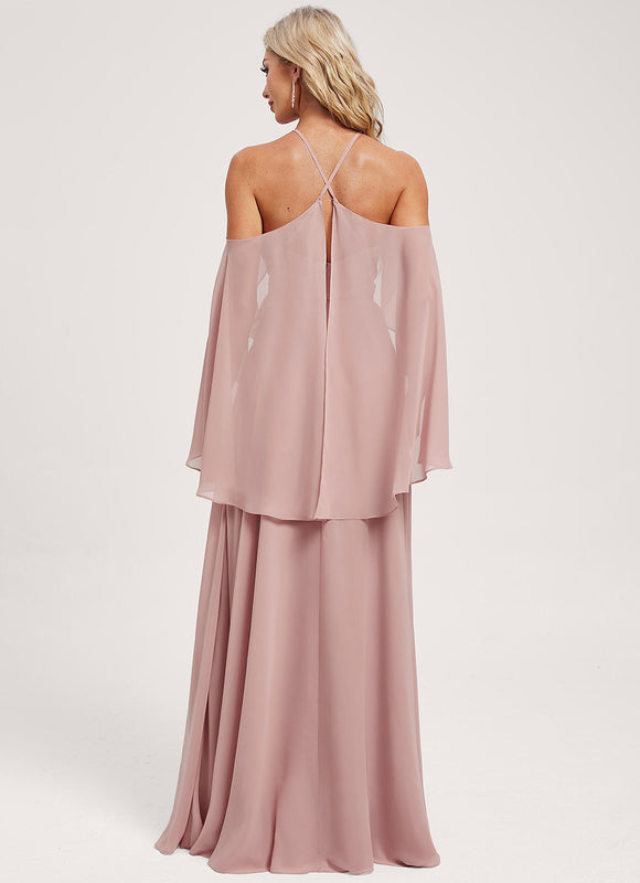 Trapèze décolleté épaules licou longueur ras du sol mousseline robe de demoiselle d'honneur - gallery 8