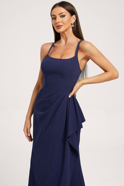 Trapèze col carré longueur ras du sol crêpe extensible robe de demoiselle d'honneur avec à volants - gallery 1