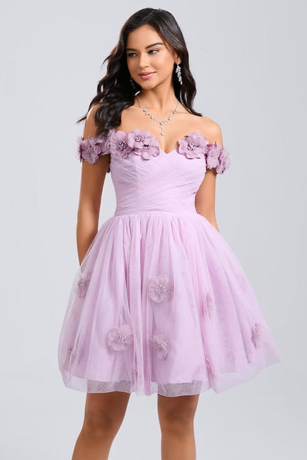 Princesse épaule dénudée court tulle robe de bal de promo avec plissée fleurs - gallery 1