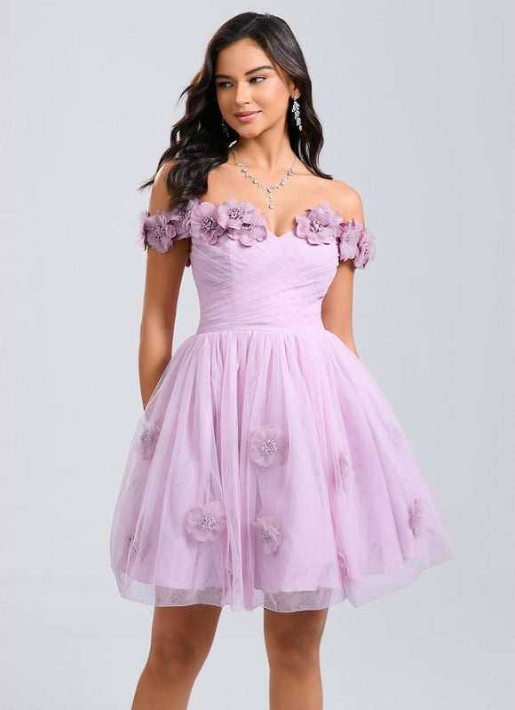 Princesse épaule dénudée court tulle robe de bal de promo avec plissée fleurs - gallery 1