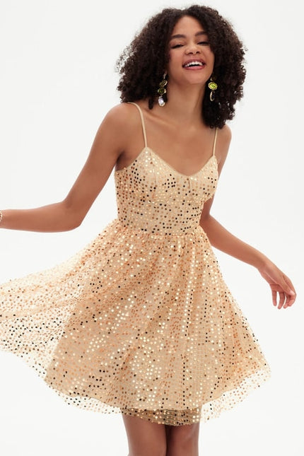 Trapèze col v court paillette robe de bal de promo avec paillettes - gallery 4