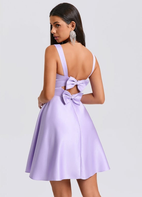 Trapèze col cœur court satin robe de bal de promo avec nœud - gallery 7