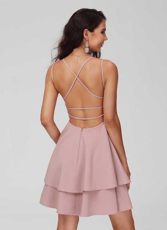 Trapèze col v court crêpe extensible robe de bal de promo - gallery 5