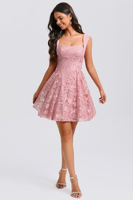 Trapèze col carré mini dentelle robe de bal de promo avec nœud paillettes - gallery 3