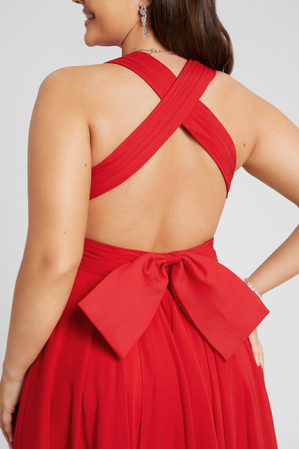 Trapèze col v longueur genou mousseline robe de cocktail avec nœud à volants - gallery 9