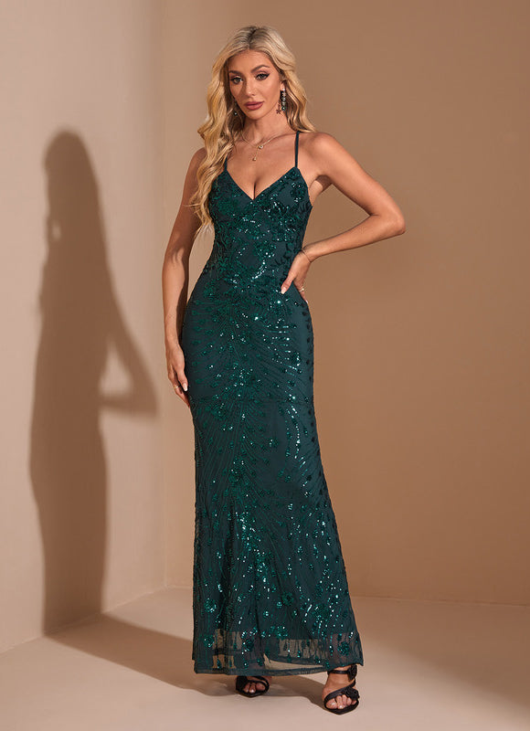 Robe col v sirène paillette maxi - gallery 5