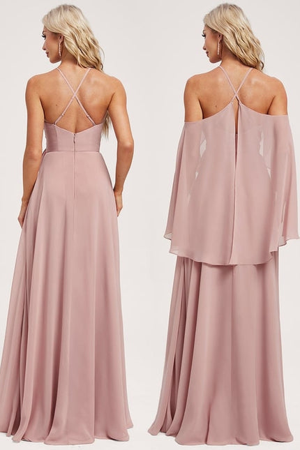 Trapèze décolleté épaules licou longueur ras du sol mousseline robe de demoiselle d'honneur - gallery 7