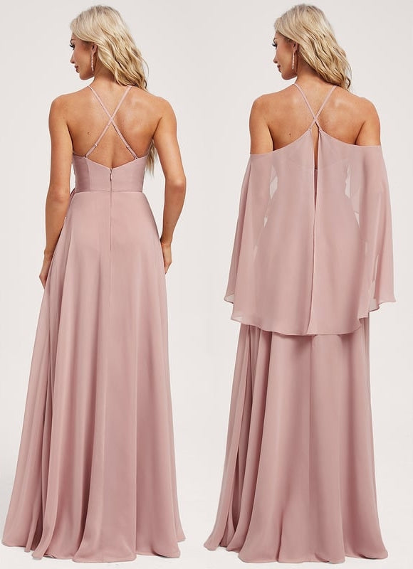 Trapèze décolleté épaules licou longueur ras du sol mousseline robe de demoiselle d'honneur - gallery 7