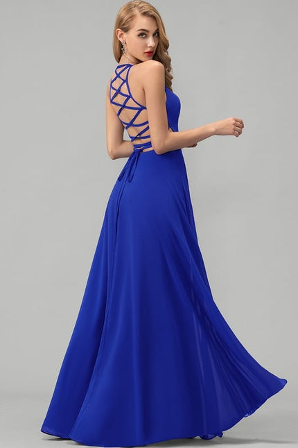 Trapèze col rond longueur ras du sol mousseline robe de demoiselle d'honneur - gallery 3