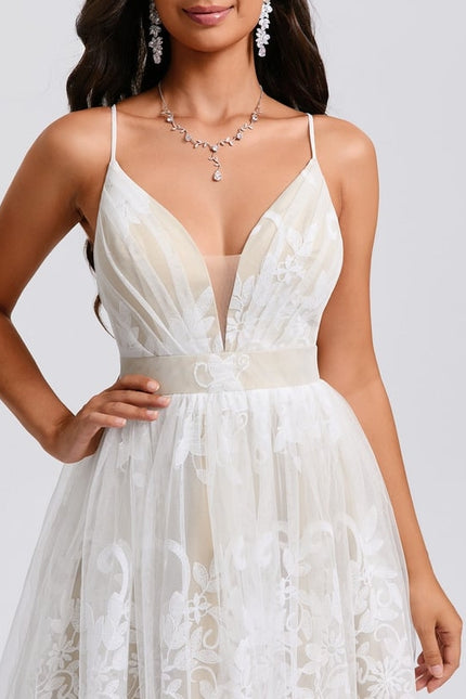 Princesse col v court tulle dentelle robe de bal de promo avec plissée - gallery 4