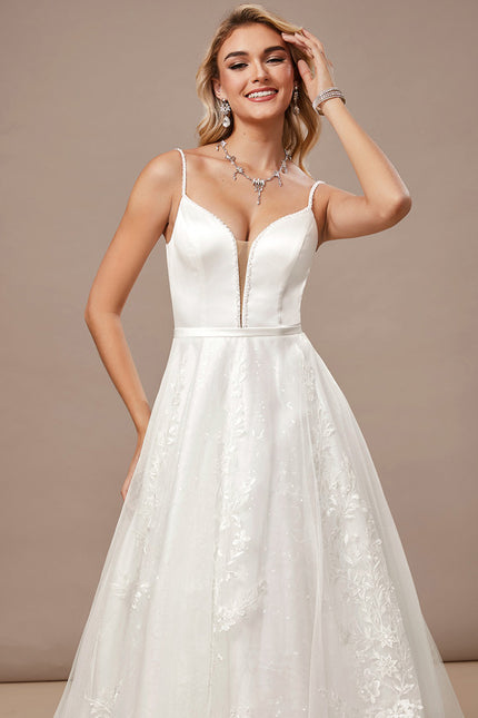 Trapèze col v traîne balayage dentelle tulle robe de mariée avec perles paillettes - gallery 4