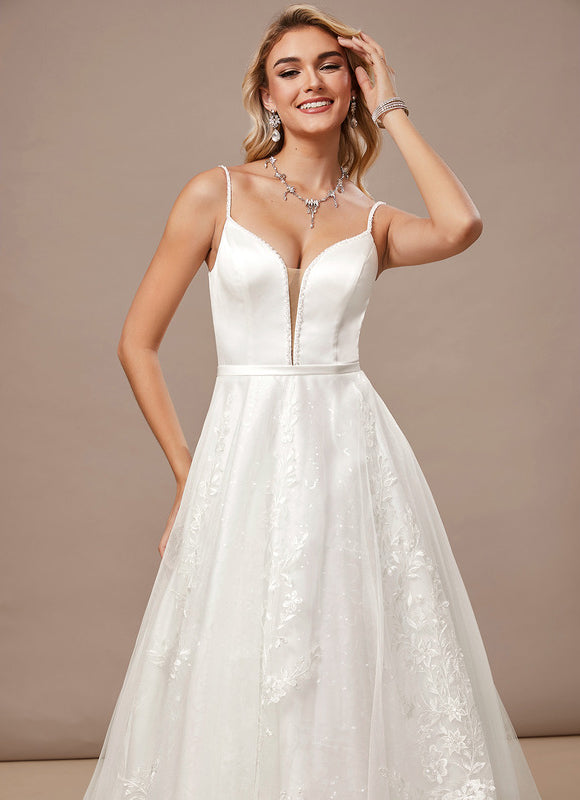 Trapèze col v traîne balayage dentelle tulle robe de mariée avec perles paillettes - gallery 4