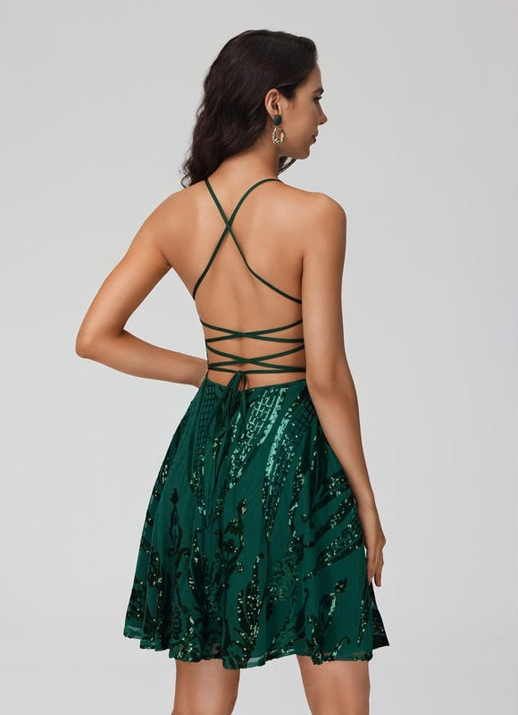 Trapèze col rond court paillette robe de bal de promo avec paillettes - gallery 5