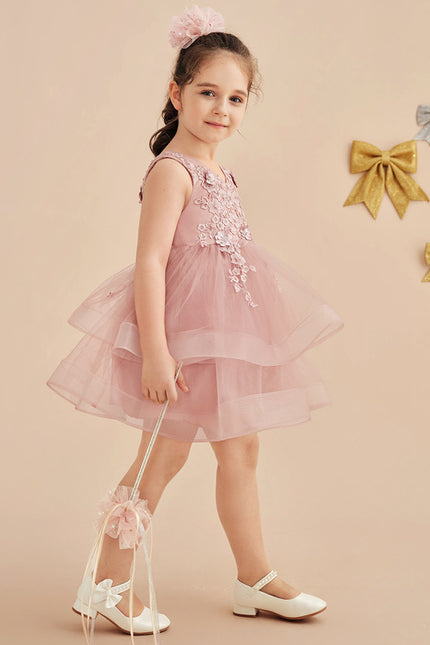 Trapèze col v longueur genou dentelle/tulle robes fille mariage avec perles/paillettes/motif floral 3d - gallery 3