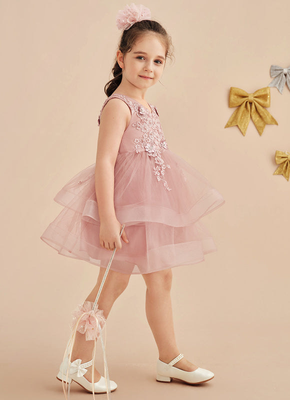 Trapèze col v longueur genou dentelle/tulle robes fille mariage avec perles/paillettes/motif floral 3d - gallery 3