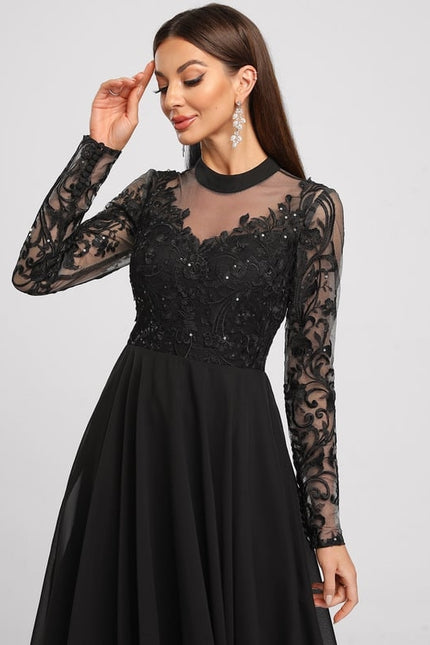 Trapèze col rond longueur genou dentelle mousseline robe de cocktail avec paillettes - gallery 5