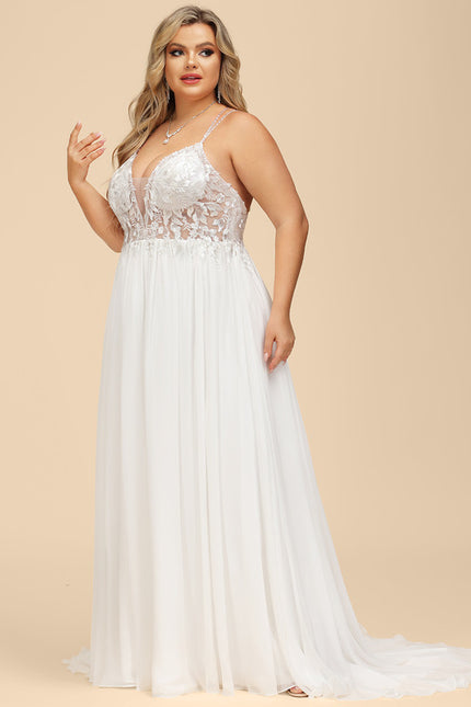 Trapèze col v traîne balayage mousseline dentelle robe de mariée avec perles paillettes - gallery 8