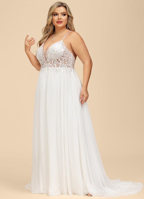 Trapèze col v traîne balayage mousseline dentelle robe de mariée avec perles paillettes - gallery 8