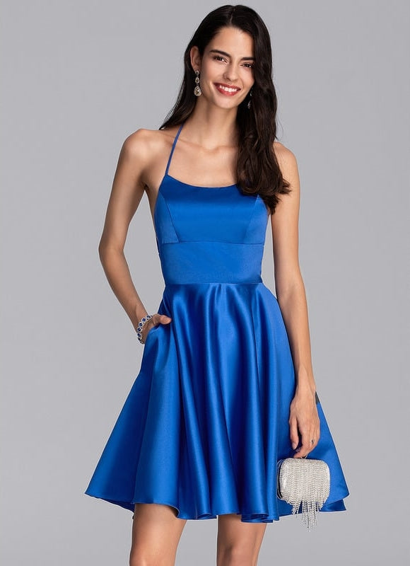 Trapèze col carré court satin robe de bal de promo