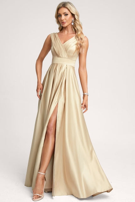 Trapèze col v longueur ras du sol satin robe de demoiselle d'honneur - gallery 2