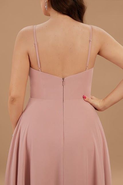 Trapèze col v longueur ras du sol mousseline robe de bal avec plissée - gallery 9