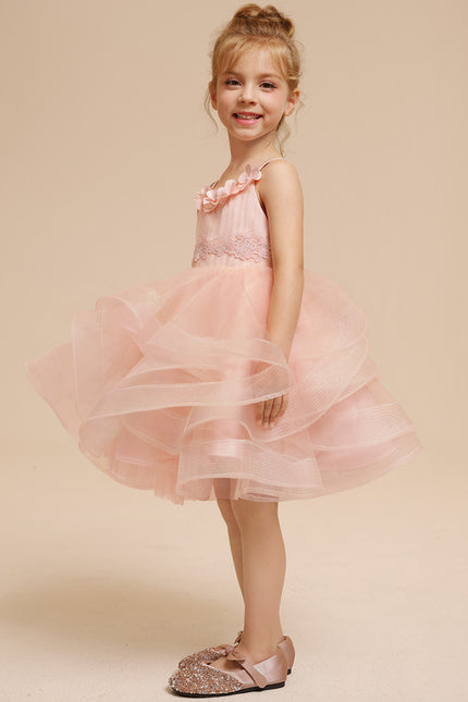 Princesse col rond longueur genou tulle robes fille mariage avec motif floral 3d - gallery 8