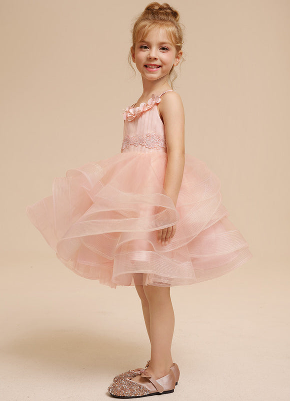 Princesse col rond longueur genou tulle robes fille mariage avec motif floral 3d - gallery 8