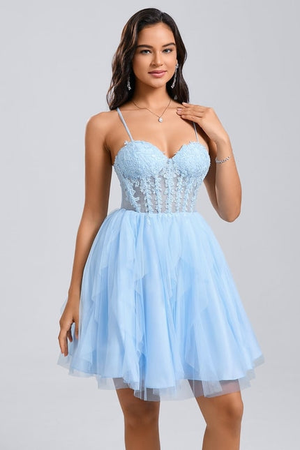 Princesse col cœur court tulle dentelle robe de bal de promo avec à volants - gallery 4