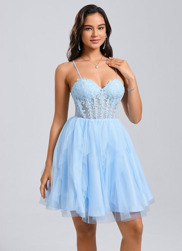 Princesse col cœur court tulle dentelle robe de bal de promo avec à volants - gallery 4