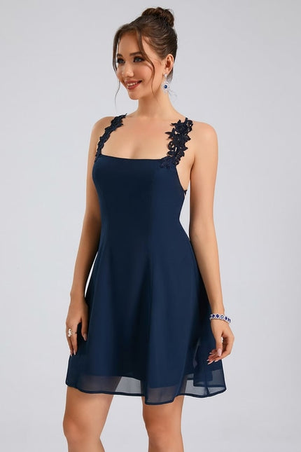 Trapèze col carré court mousseline robe de bal de promo - gallery 2