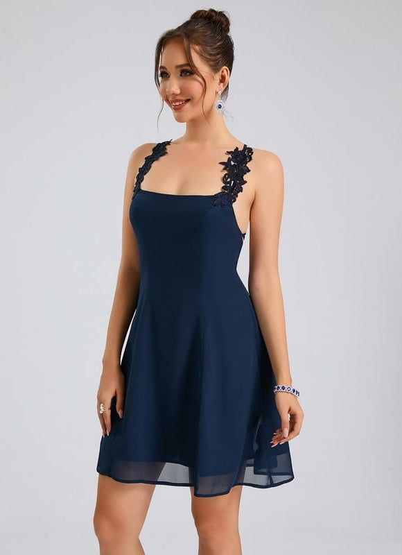 Trapèze col carré court mousseline robe de bal de promo - gallery 2