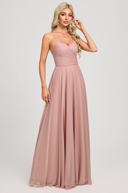 Trapèze col v longueur ras du sol mesh robe de bal avec plissée - gallery 1