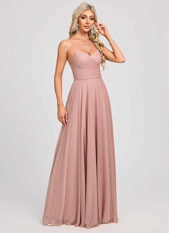 Trapèze col v longueur ras du sol mesh robe de bal avec plissée - gallery 1