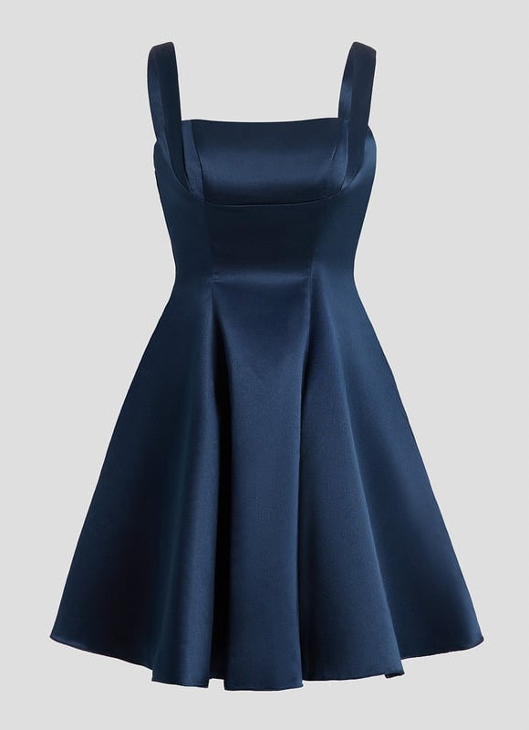 Trapèze col droit court satin robe de bal de promo avec nœud