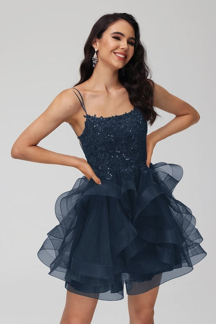 Princesse col rond court tulle dentelle robe de bal de promo avec paillettes