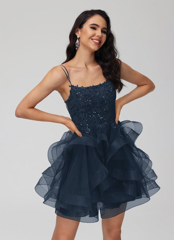 Princesse col rond court tulle dentelle robe de bal de promo avec paillettes