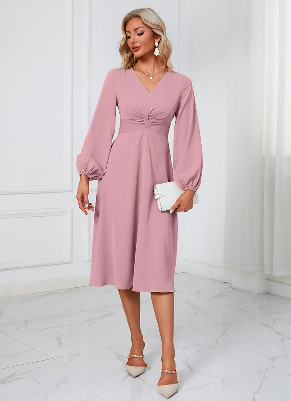 Robe nœud col v trapèze polyester midi - gallery 5